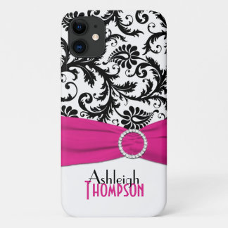 Funda Para iPhone 11 Rosa personalizado, negro, damasco floral blanco