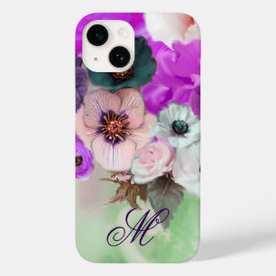 FUNDA PARA iPhone 14 DE Case-Mate ROSA PÚRPURA FLORES DE ANÉMONA BLANCAS MONOGRAMA
