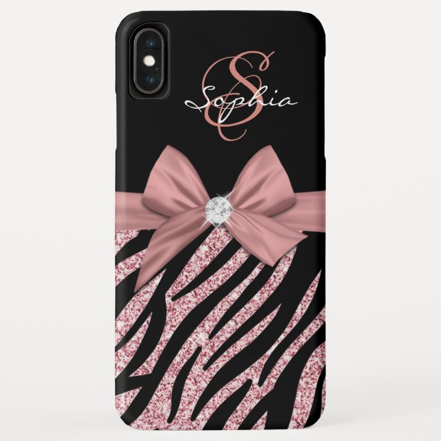 Funda De Case-Mate Para iPhone Rosa Purpurina de oro Bandas de cebra negra Bow Mo (Reverso)