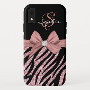 Funda Para iPhone XR Rosa Purpurina de oro Bandas de cebra negra Bow Mo