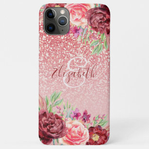 Funda Para iPhone 11 Pro Max Rosa Purpurina de oro Borgoña Floral personalizada