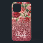 Funda Para iPhone 12 Rosa Purpurina de oro Floral rosa rosa rosa rojo v<br><div class="desc">Moda, Elegante, Vintage, Rosa, Rojo violeta pálido, rosa de nombre floral personalizado y estuche de iphone monogramado. El diseño romántico y ondulante presenta una floral vintage de color rosa, rosa violeta pálido y un dorado rosa oscuro inferior y purpurina burdeos. Puede personalizar con su nombre y monograma inicial. Si no...</div>