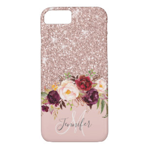 Funda Para iPhone 8/7 Rosa Purpurina de oro Floral Rubor Nombre de monog