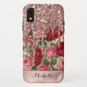 Funda Para iPhone XR Rosa Purpurina de oro Perfora nombre floral Rosa v