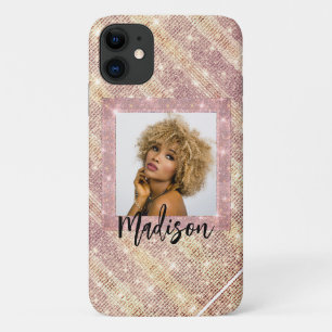 Funda Para iPhone 11 Rosa Purpurina de oro Personalizado Foto y nombre