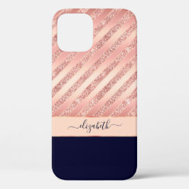 Funda Para iPhone 12 Rosa Purpurina de oro stripes Navy Glam personaliz
