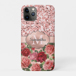 Funda Para iPhone 11 Pro Rosa Purpurina de oro Vintage Rosa Floral Monogram