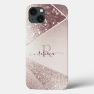 Funda Para iPhone 13 Rosa Purpurina dorado Monograma Nombre personaliza