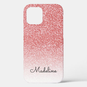 Funda Para iPhone 12 Rosa Purpurina Ombre Nombre de guión negro