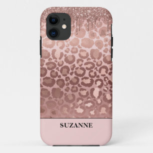 Funda Para iPhone 11 Rosa Purpurina Oro Patrón De Leopardo Rosa Monogr