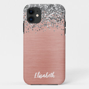 Funda Para iPhone 11 Rosa Purpurina Plata Dorada Girly Monograma Nombre