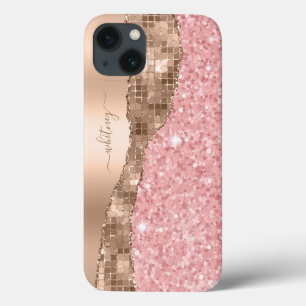 Funda Para iPhone 13 Rosa Purpurina Rosa Monograma de Mármol Dorado