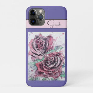 Funda Para iPhone 11 Pro Rosa Roja Rosas Flor Acuarela Floral Arte Púrpura