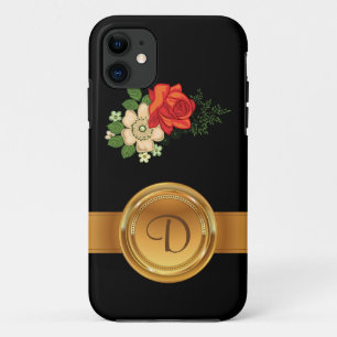 Funda Para iPhone 11 Rosa Roja y Margaritas Monograma en Oro Nombre