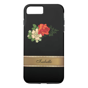 Funda Para iPhone 8 Plus/7 Plus Rosa Roja y Margaritas Nombre Personalizado Oro