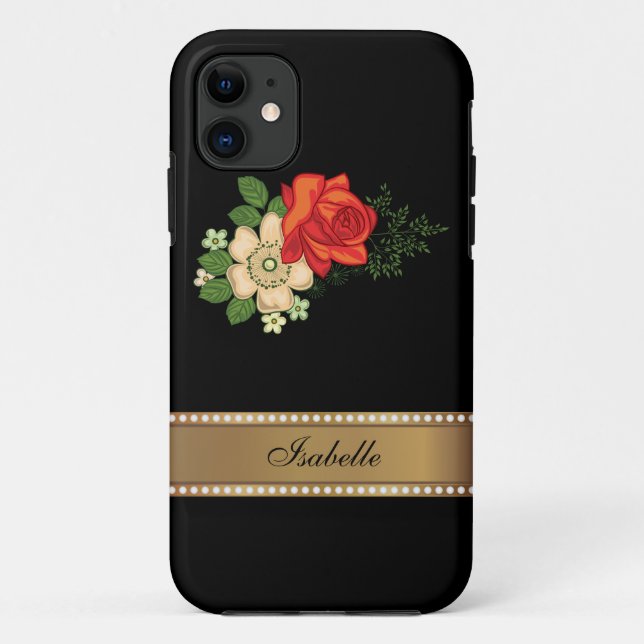 Funda De Case-Mate Para iPhone Rosa Rojo y Daisies Gold Nombre personalizado (Reverso)