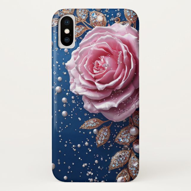 Funda De Case-Mate Para iPhone Rosa rosa elegante con perlas y cristales (Reverso)