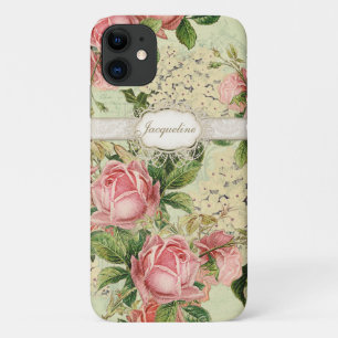 Funda Para iPhone 11 Rosa rosa vintage inglés con hidrangea blanca