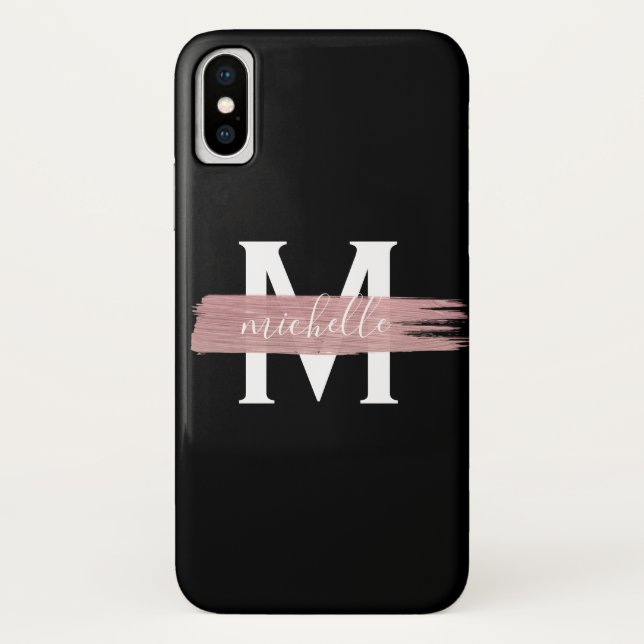 Funda De Case-Mate Para iPhone Rosa simple Pintura dorada Monograma negro (Reverso)