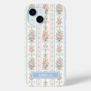 Funda Para iPhone 15 Rosa sonrosado azul acuarela floral rayado