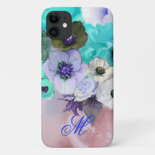 FUNDA PARA iPhone 11 ROSA TEAL AZUL Y FLORES DE ANÉMONA BLANCAS MONOGRA