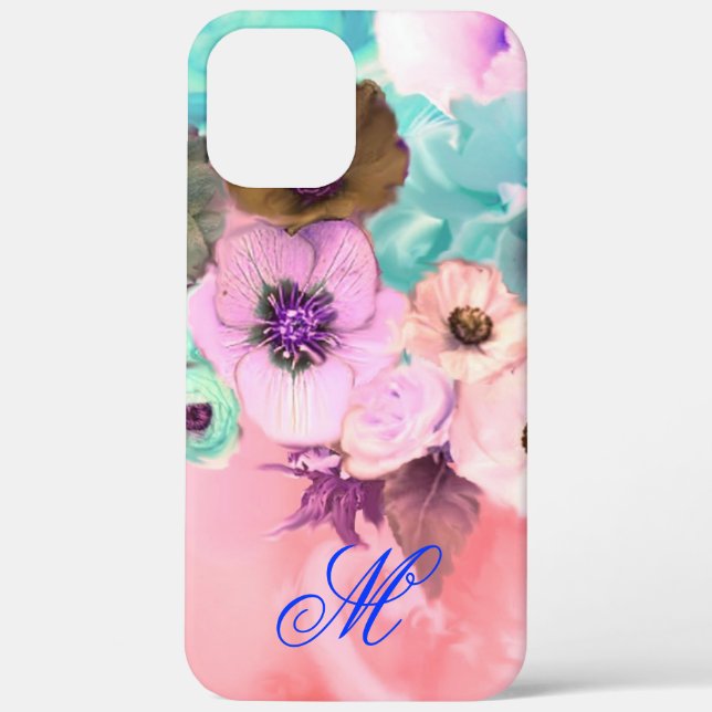 FUNDA DE Case-Mate PARA iPhone ROSA TEAL PINK Y FLORES DE ANÉMONA MONOGRAMA (Reverso )