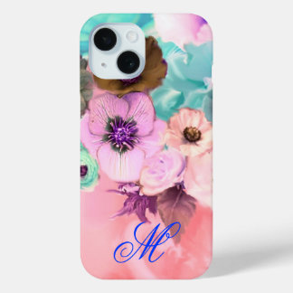 FUNDA PARA iPhone 15 ROSA TEAL PINK Y FLORES DE ANÉMONA MONOGRAMA