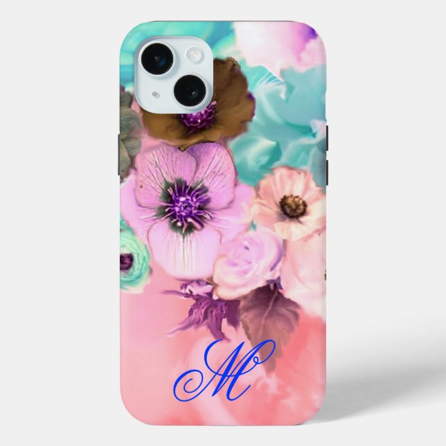 FUNDA DE Case-Mate PARA iPhone ROSA TEAL Y FLORES DE ANÉMONA MONOGRAMA (Reverso )