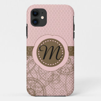 Funda Para iPhone 11 Rosa y caso del monograma del lunar de Brown