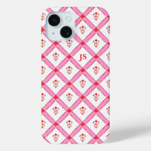 Funda Para iPhone 15 Rosa y Rojo Femenino con Patrón e Iniciales