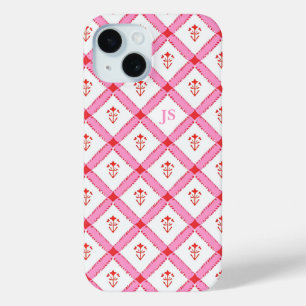 Funda Para iPhone 15 Rosa y Rojo Patrón Femenino Con Iniciales