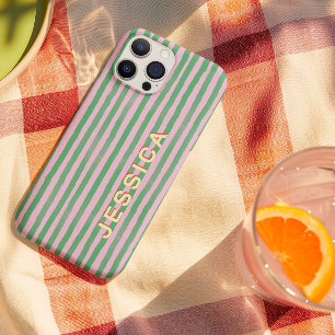 Funda Para iPhone 15 Pro Rosa y Verde a Rayas Nombre Personalizado Preppy