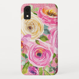Funda Para iPhone XR Rosas acuarelas en Purpurina rosa y crema rosada