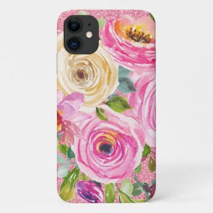 Funda Para iPhone 11 Rosas acuarelas en Purpurina rosa y crema rosada
