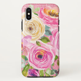 Funda Para iPhone X Rosas acuarelas en Purpurina rosa y crema rosada