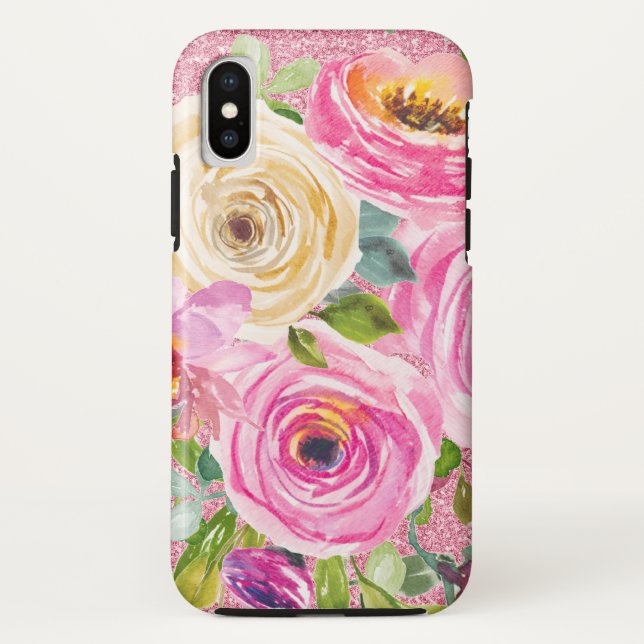 Funda De Case-Mate Para iPhone Rosas acuarelas en Purpurina rosa y crema rosada (Reverso)