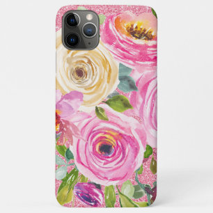 Funda Para iPhone 11 Pro Max Rosas acuarelas en Purpurina rosa y crema rosada