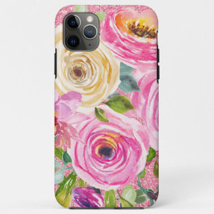 Funda Para iPhone 11 Pro Max Rosas acuarelas en Purpurina rosa y crema rosada