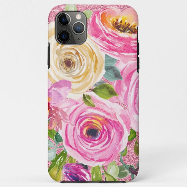 Funda De Case-Mate Para iPhone Rosas acuarelas en Purpurina rosa y crema rosada (Reverso)