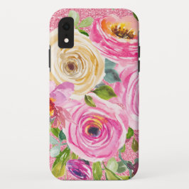 Funda Para iPhone XR Rosas acuarelas en Purpurina rosa y crema rosada