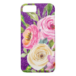 Funda Para iPhone 8/7 Rosas acuarelas en Purpurina rosa y morado crema