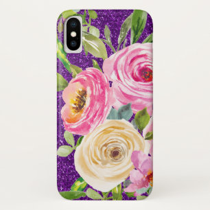 Funda Para iPhone X Rosas acuarelas en Purpurina rosa y morado crema