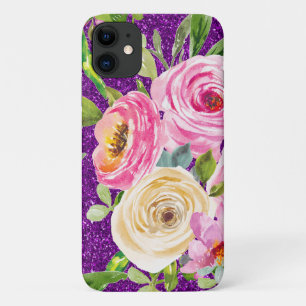 Funda Para iPhone 11 Rosas acuarelas en Purpurina rosa y morado crema