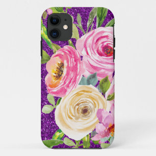 Funda Para iPhone 11 Rosas acuarelas en Purpurina rosa y morado crema