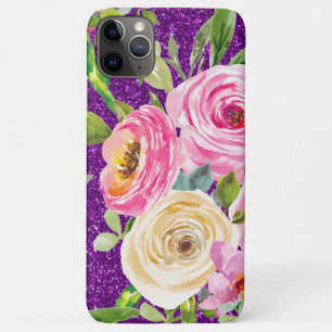 Funda Para iPhone 11 Pro Max Rosas acuarelas en Purpurina rosa y morado crema