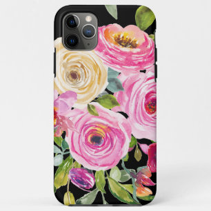 Funda Para iPhone 11 Pro Max Rosas acuarelas en rosa y crema en negro