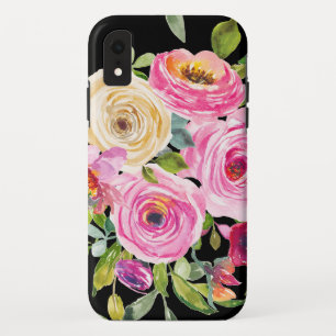 Funda Para iPhone XR Rosas acuarelas en rosa y crema en negro