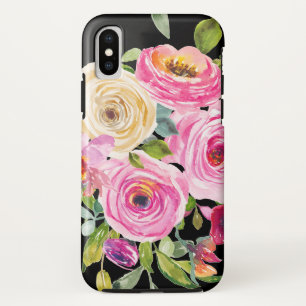 Funda Para iPhone XS Rosas acuarelas en rosa y crema en negro