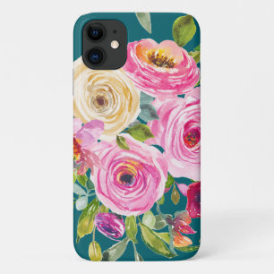 Funda Para iPhone 11 Rosas acuarelas en rosa y crema en Verde azulado