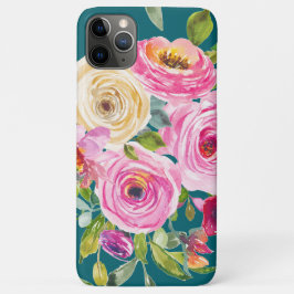 Funda Para iPhone 11 Pro Max Rosas acuarelas en rosa y crema en Verde azulado